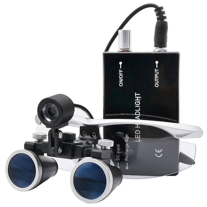 "Dental-Lupen-Set mit 2.5x/3.5x Vergrößerung und LED-Stirnlampe, ideal für zahnmedizinische Präzision, Blau, Schwarz, Silber.