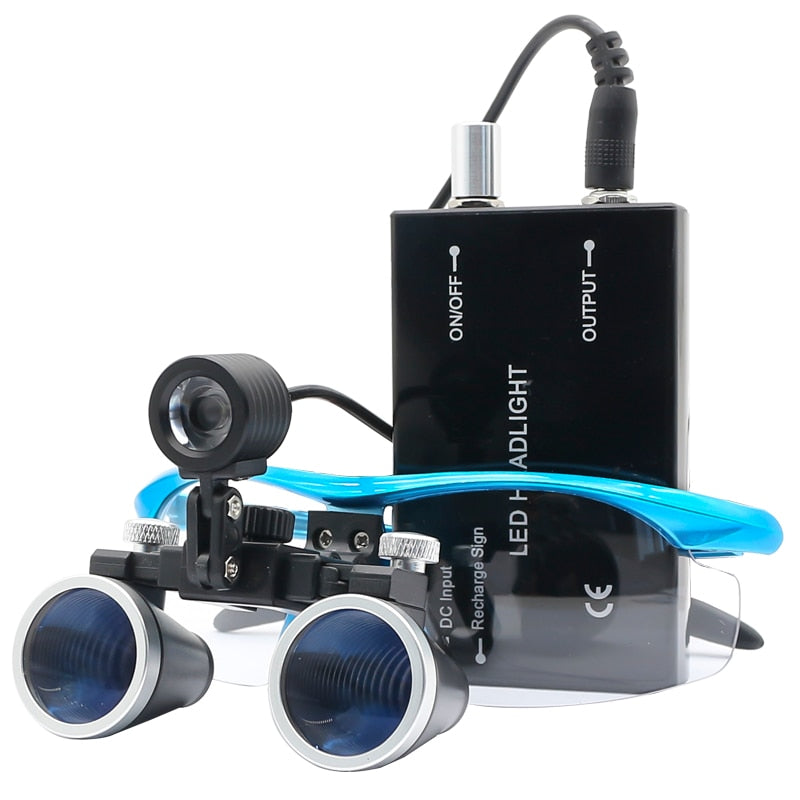 "Dental-Lupen-Set mit 2.5x/3.5x Vergrößerung und LED-Stirnlampe, ideal für zahnmedizinische Präzision, Blau, Schwarz, Silber.