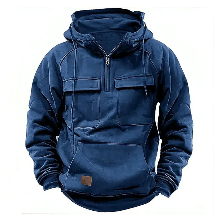 Lässiger Herren Kapuzenpullover für Freizeit. Moderner Hoodie mit gemütlicher Kapuze und großer Kängurutasche.