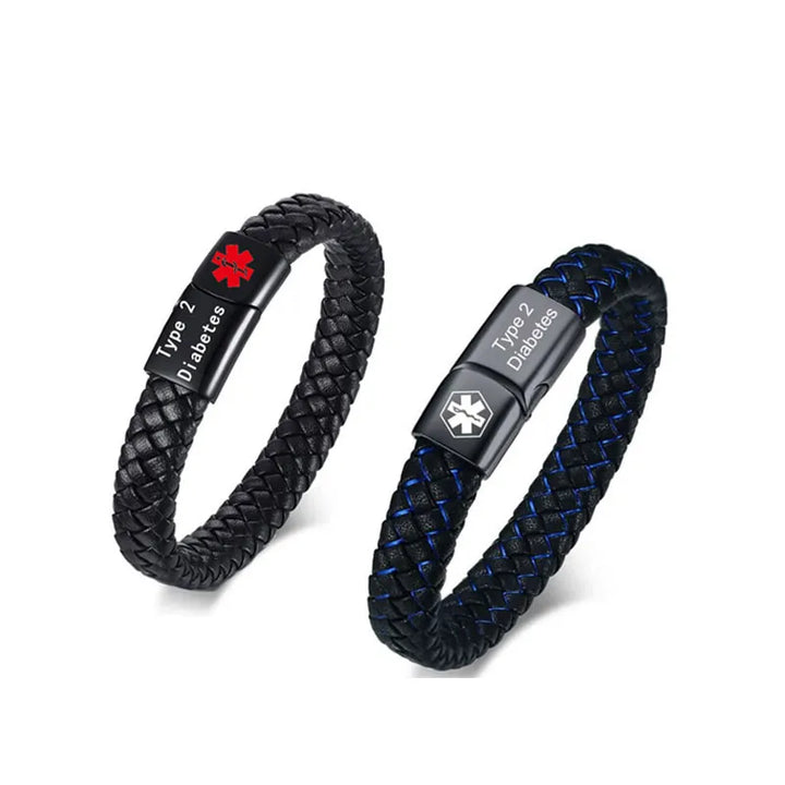 Zwei geflochtene Armbänder, Typ-2-Diabetes, schwarz und blau, medizinisches Erkennungsarmband.