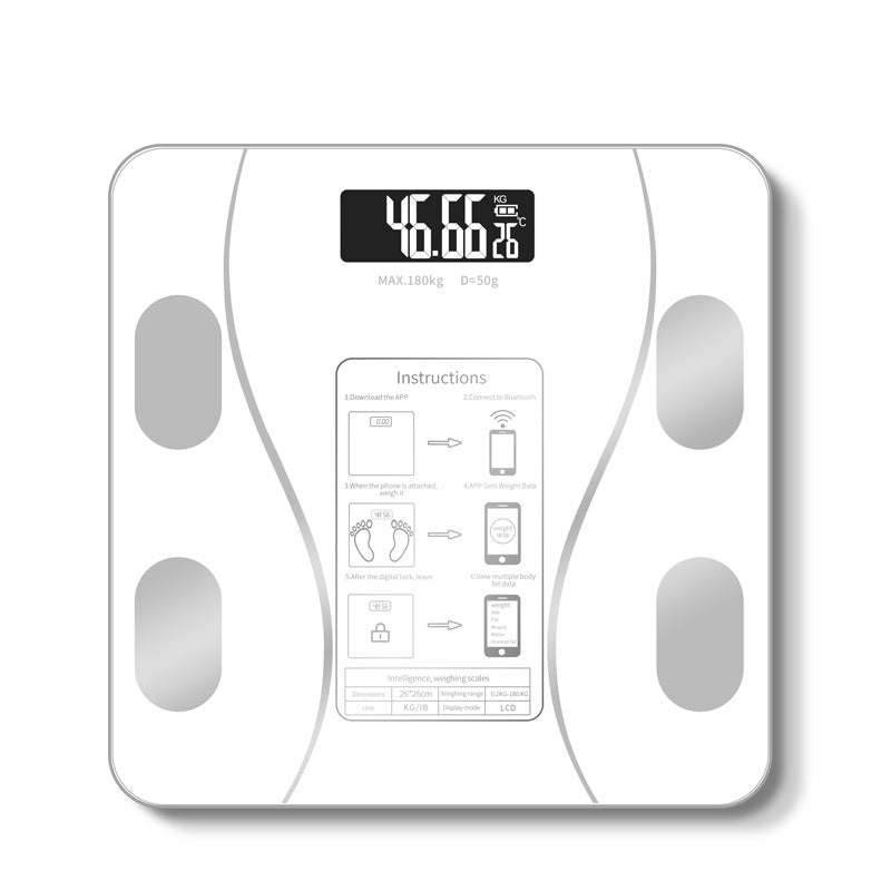 Digitale Personenwaage, weiß, Glas, LCD-Display, Körperfettanalyse, max. 180 kg.