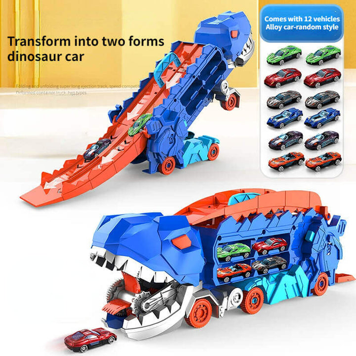 Spielzeug-Dinosaurier-Auto, blau-rot, mit 12 Mini-Autos, wandelbar, Kinder-Spielset.
