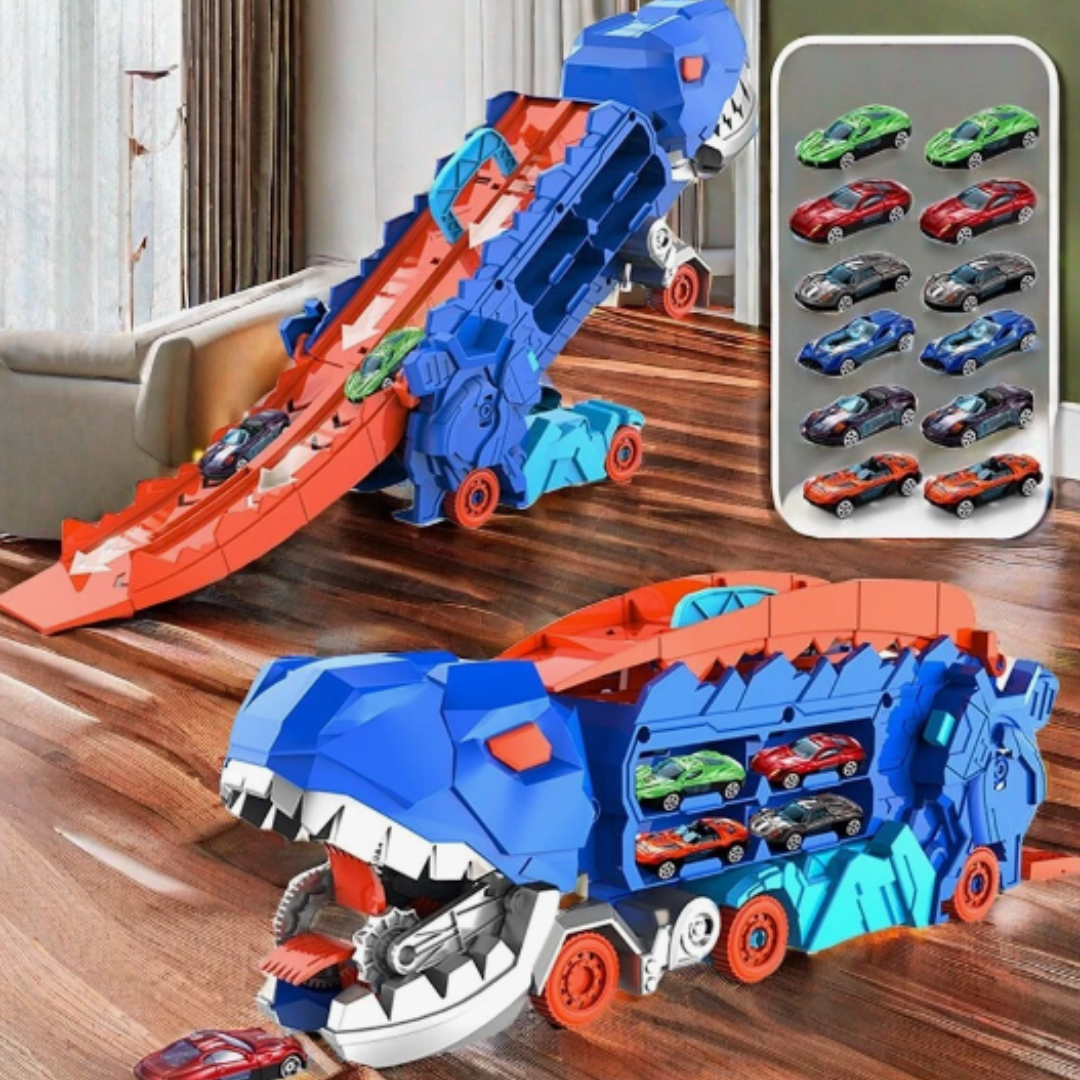 Blauer Dinosaurier-Spielzeugauto-Träger, Kinderzimmer, bunte Autos, Spielzeugaufbewahrung.