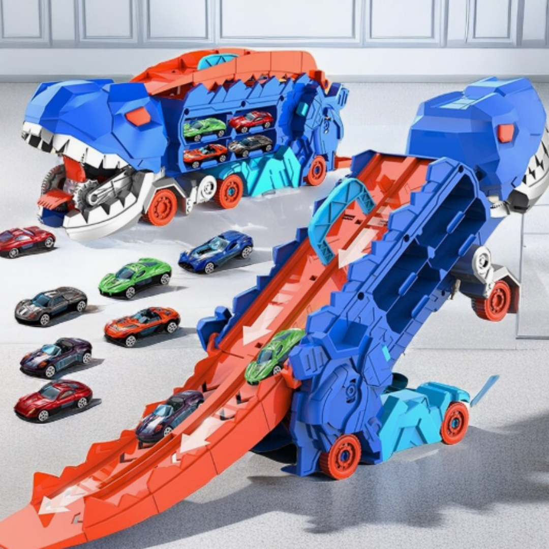 Blauer Dinosaurier-Spielzeugauto-Organizer mit Rennbahn und bunten Spielzeugautos.