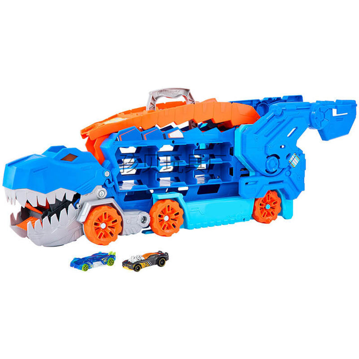 Blauer Dinosaurier-Spielzeugtransporter mit Autos, Kinderfahrzeug, Kunststoff, orange Akzente.