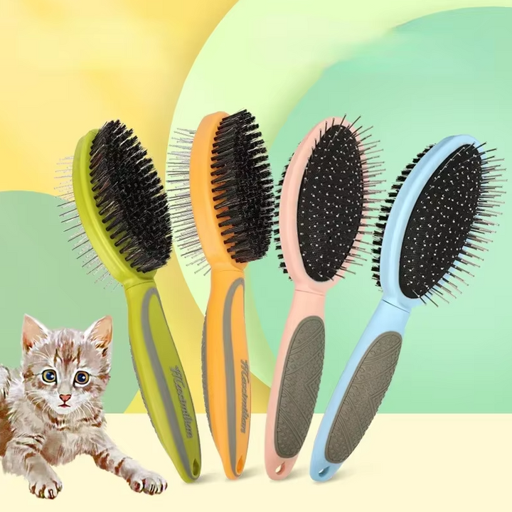 "Doppelseitige Haustierbürste, weiche Borsten, Metallpins, sanfte Fellpflege für Hunde und Katzen, ergonomischer Griff"