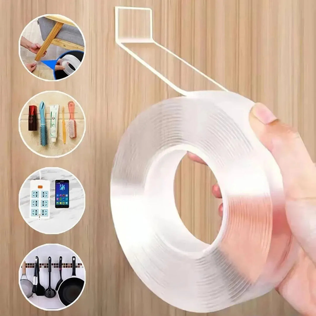 Transparente Nano-Klebebandrolle, wiederverwendbar, stark haftend, vielseitig einsetzbar.