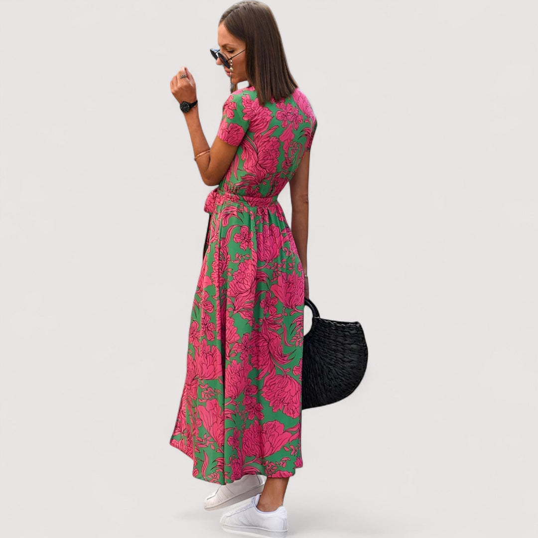 Damen Wickelkleid mit Blumenmuster von der Seite und hinten präsentiert