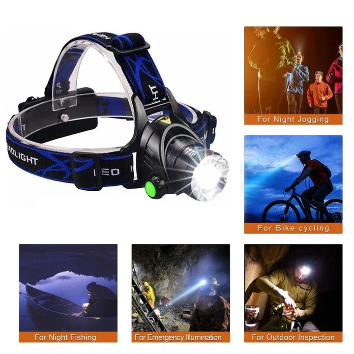 Leistungsstarke LED-Stirnlampe, schwarz-blau, für Nachtjogging, Radfahren, Outdoor-Abenteuer.