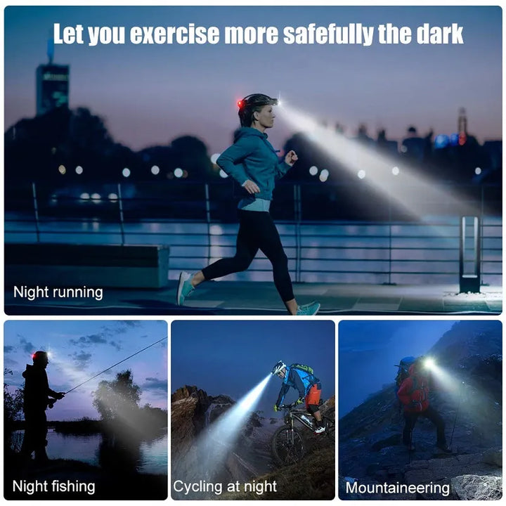 Frau beim Nachtsport mit Stirnlampe, Nachtlauf, Radfahren, Bergsteigen, Sicherheit im Dunkeln.