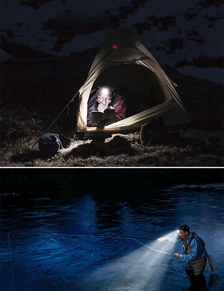 Person im Zelt liest bei Nacht mit Stirnlampe; Angler fischt im Fluss mit Stirnlampe bei Dunkelheit.