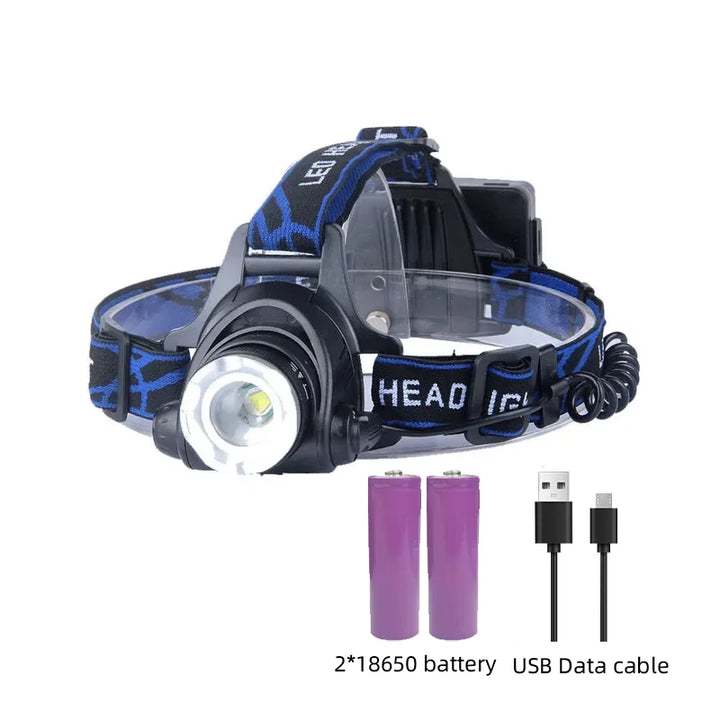 LED-Stirnlampe mit USB-Kabel, 2x 18650 Batterien, schwarz-blau, Outdoor, wiederaufladbar.