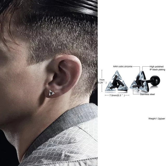 Dreieckige Ohrringe aus Edelstahl mit Zirkonia, schwarz-silber, für Herren.