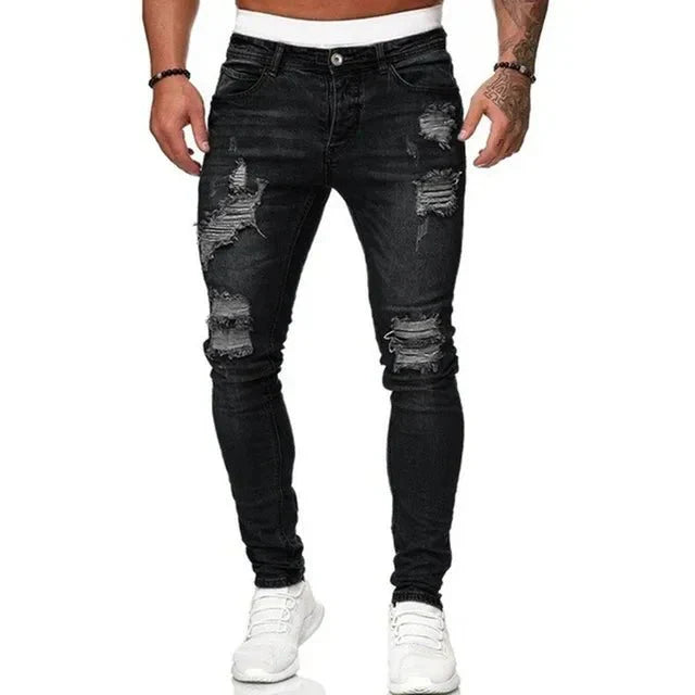Dunkelblaue Herren Ripped Slim Fit Jeans, stylisch & bequem für Streetwear & Freizeit.