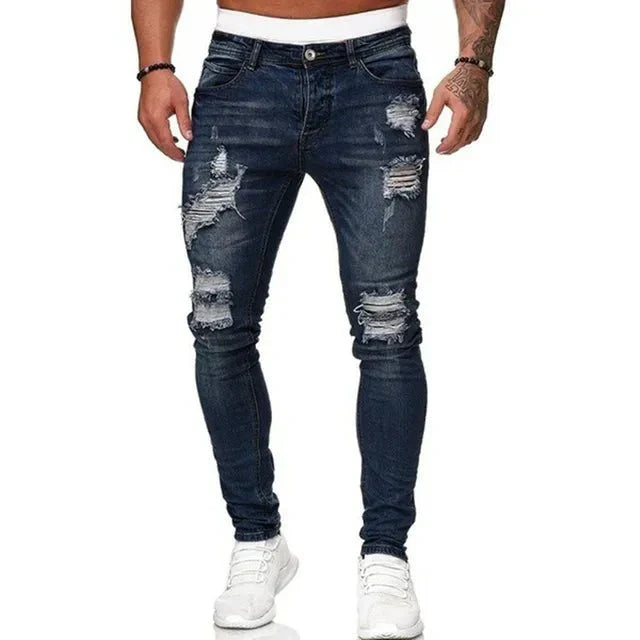 Trendige zerrissene Herren Slim Fit Jeans; stylische Ripped Jeans für Streetwear & moderne Herrenmode.