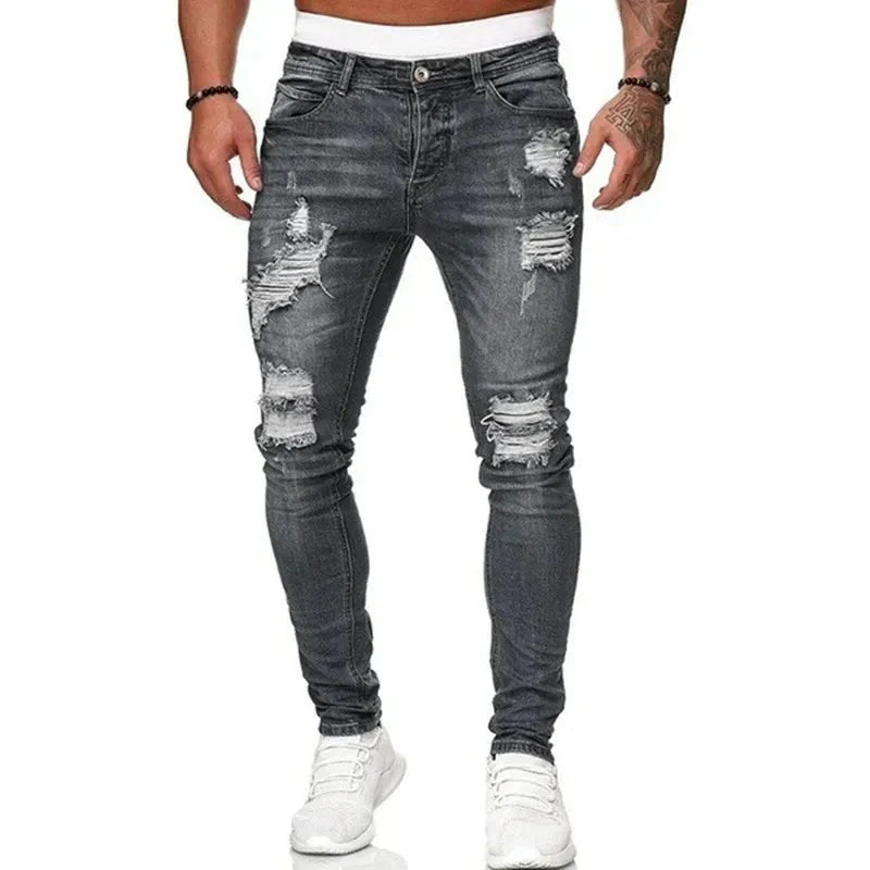 Stylische Herren Ripped Slim Fit Jeans, vielseitig kombinierbar für trendige Streetwear- & Freizeit-Looks.