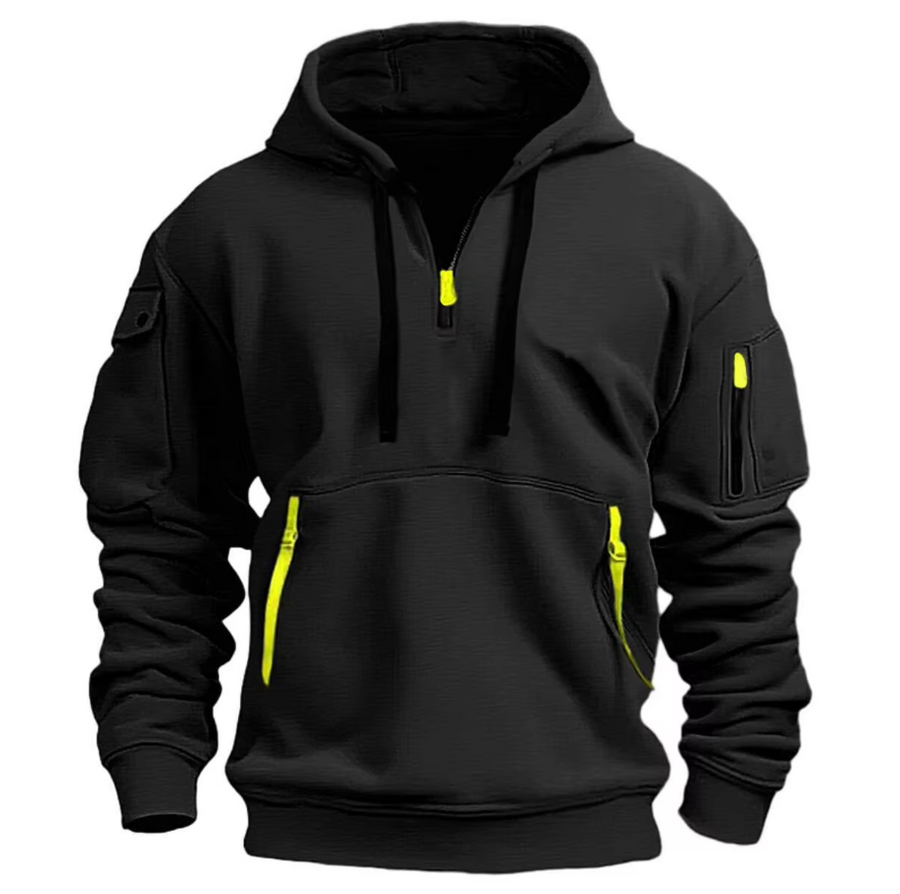 Dunkelblauer Unisex Herbst Kapuzenpullover. Bequemes, lässiges Oberteil für kühle Tage und gemütliche Freizeit.