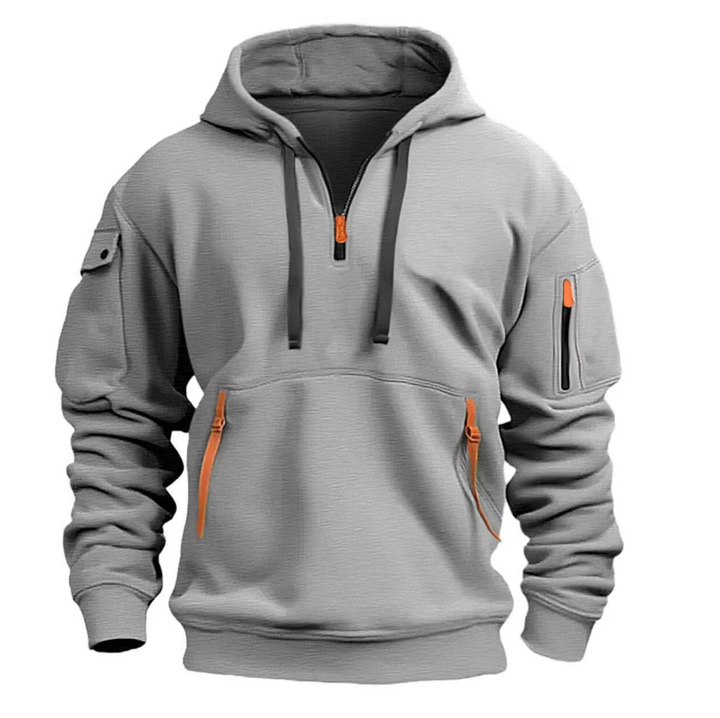 Grauer Unisex Hoodie. Gemütlicher Kapuzenpullover für den Herbst, ideal als Freizeitkleidung für Damen und Herren.