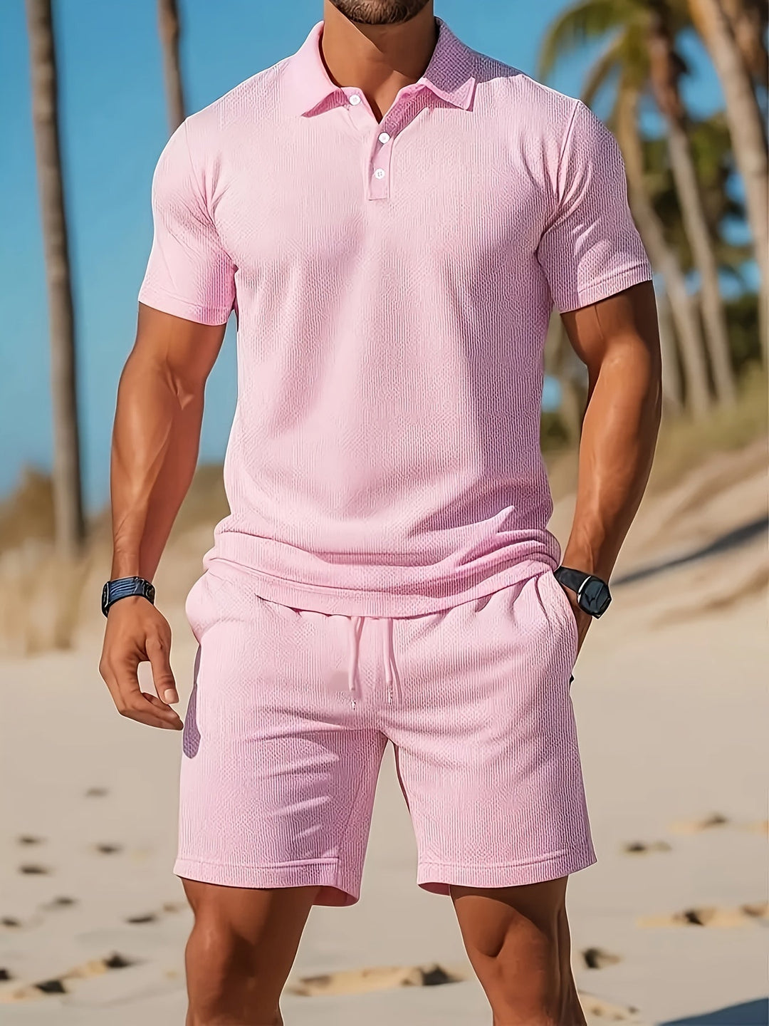Vielseitiges Herren Polo Zweiteiler Set: Kurzarm-Polo & Shorts, ideal für Freizeit & Reise.