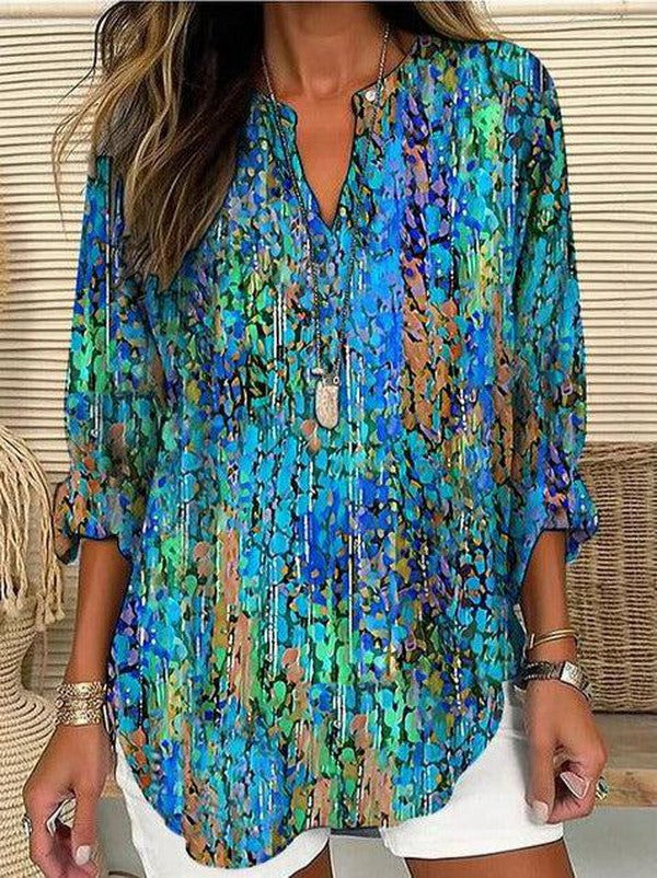 Damen Langarmshirt in Grün mit V-Ausschnitt und modischem Print für die Freizeit