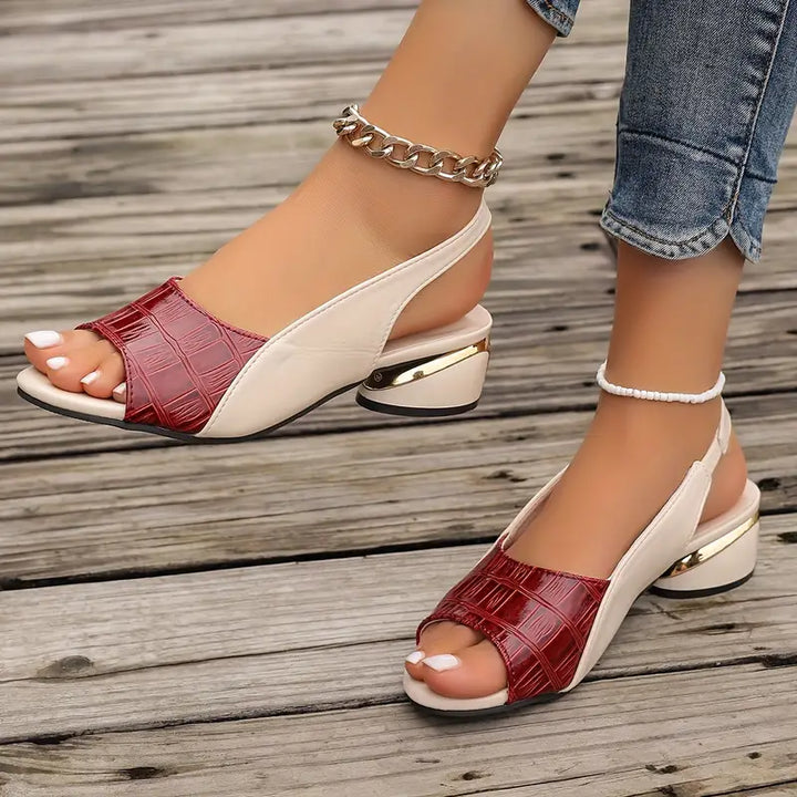 Rote elegante Damen Sandalen mit Blockabsatz. Vielseitige Komfort Sandalen für stilvolle Sommer-Outfits.