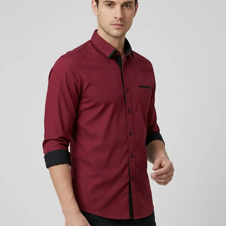 Weinrot - Herren Businesshemd Herbst Slim Fit Langarm Gestreift Bügelfrei