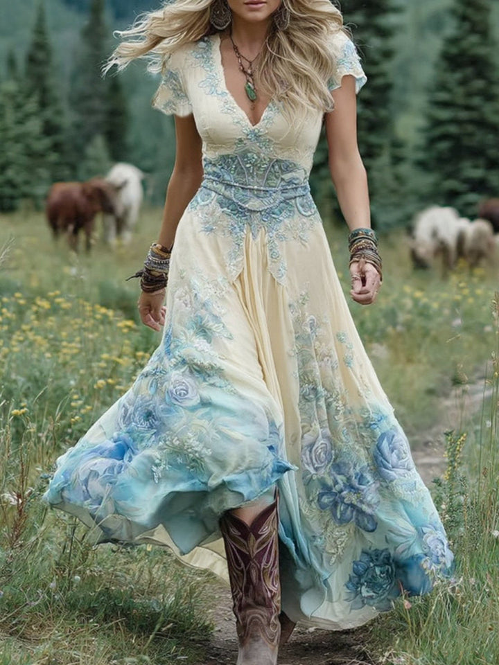 Fließendes Damen Sommer Maxikleid mit Kurzarm, V-Ausschnitt und zarter Blumenstickerei. Ideal für Freizeit.