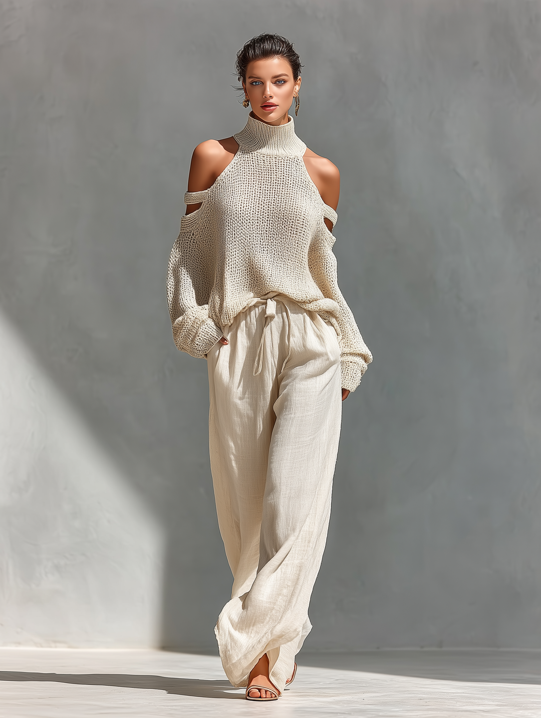 Elegantes Damen Strick Off-Shoulder-Top in Kombination mit weiten Hosen