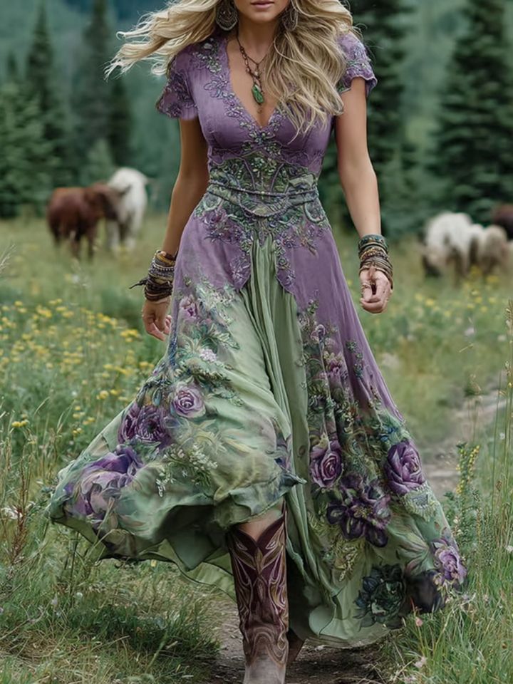 Elegantes Damen Maxikleid mit Blumenstickerei, V-Ausschnitt und Taillierung. Perfekt für Sommerfeste und Anlässe.