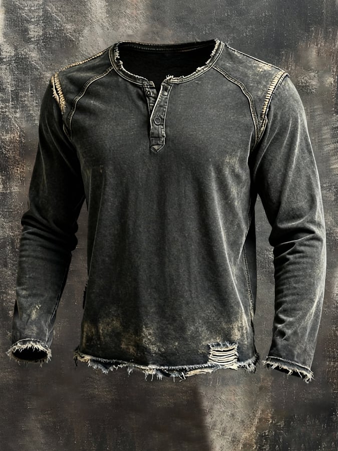 Stilvolles Herren Langarmshirt im Vintage-Stil, Schwarz 1, mit gerissenem Saum und Nähten, ganze Ansicht vorne.