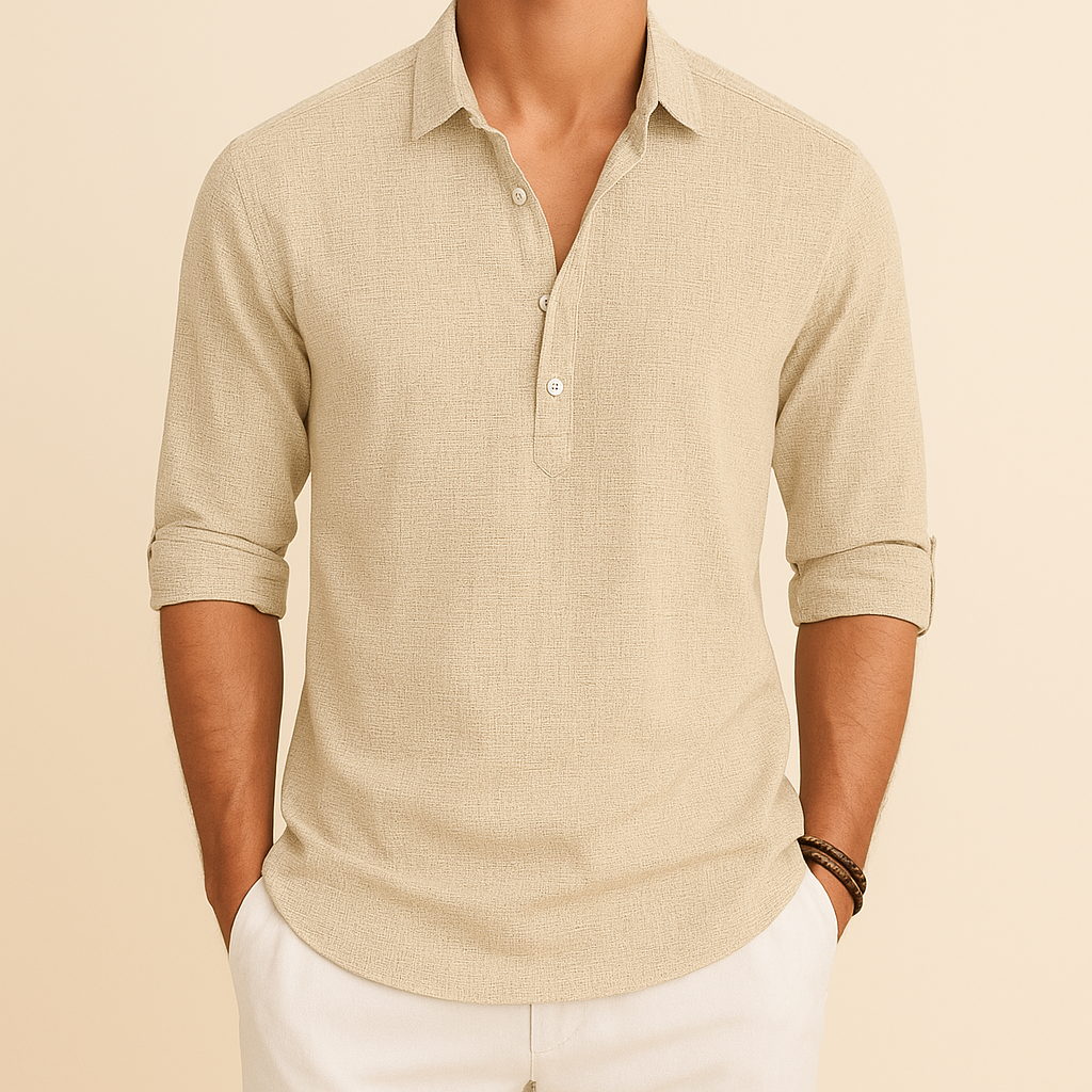 Detailansicht: Hochwertiges Herren Henley Poloshirt, langärmlig, mit feiner Knopfleiste, in Dunkelgrün.