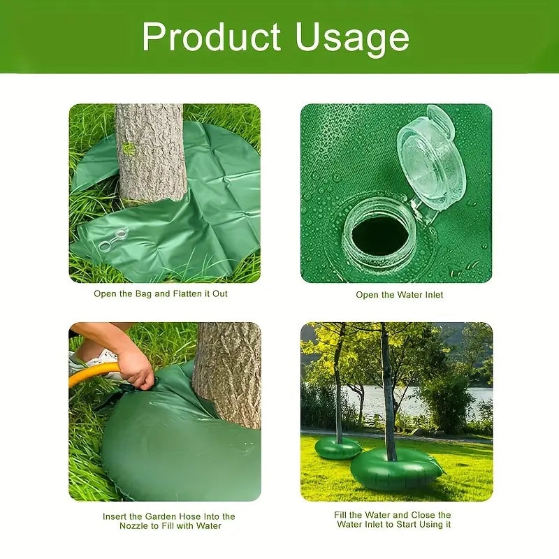 "Effektive 15/20 Gallon Baum Bewässerungstasche, grün und braun, für gleichmäßige Tropfbewässerung von Gartenbäumen."