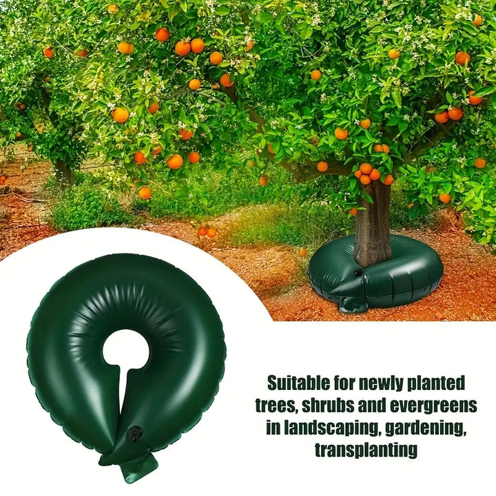 "Effektive 15/20 Gallon Baum Bewässerungstasche, grün und braun, für gleichmäßige Tropfbewässerung von Gartenbäumen."