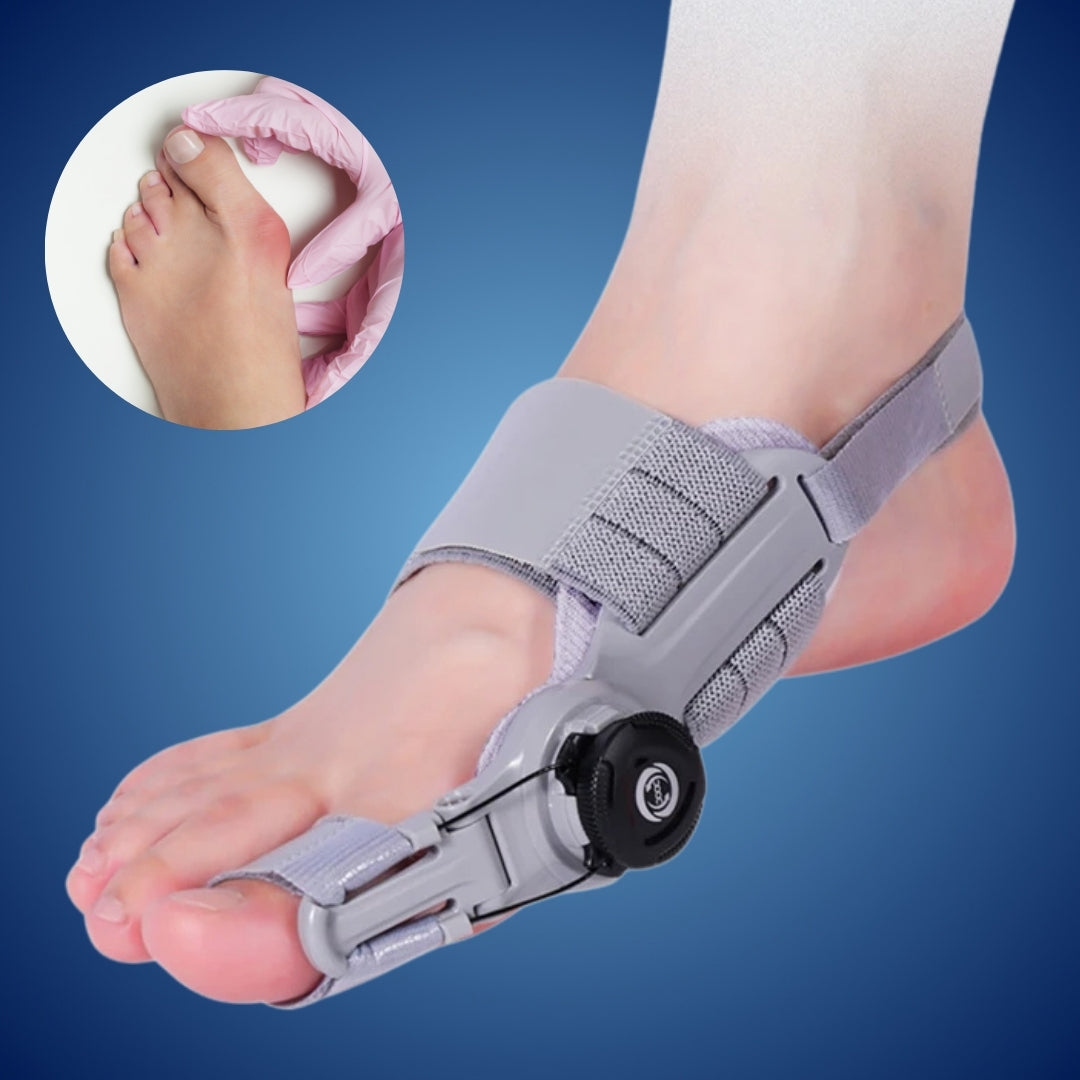 "Einstellbare Hallux Valgus Stütze, sanfte Korrektur und Schmerzlinderung, leichte atmungsaktive Materialien."