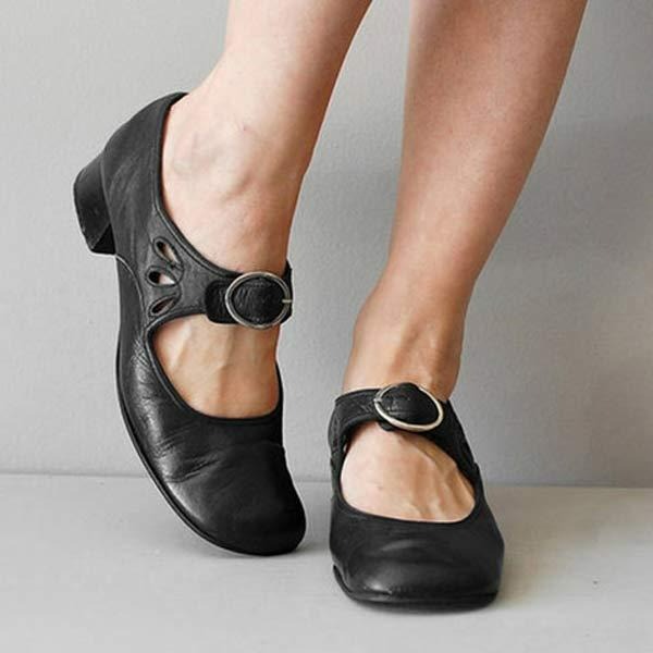 Schwarze flache Claudia Damen Schuhe mit eleganten Schnallenriemen, bequeme Frühlings- und Freizeitschuhe.