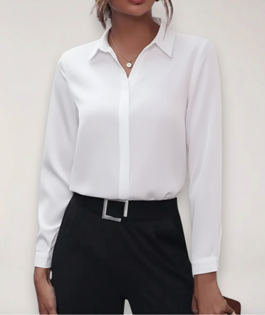 Elegante Damen Bürobluse mit Knopfleiste, Langarm. Perfekt für Business & schicke Frühlings-Looks.