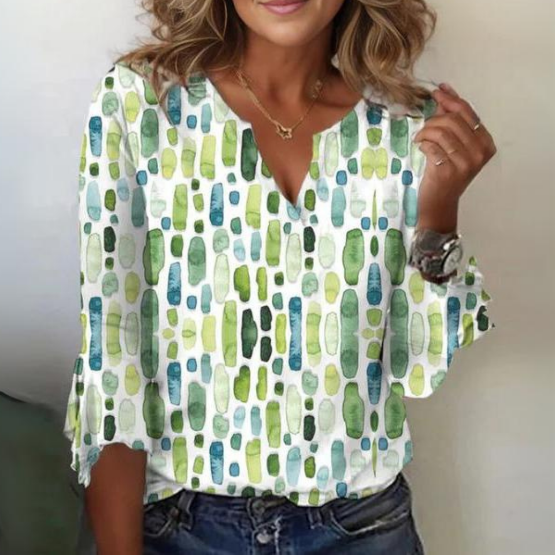 Elegante Damen Bluse mit geometrischem Muster, lockerer Passform. Ideal für Büro & Freizeit im Frühling/Sommer.