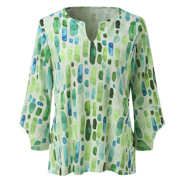 Komfortable Damen Bluse mit geometrischem Print, lockere Passform. Büro- und Freizeitmode für moderne Frauen.