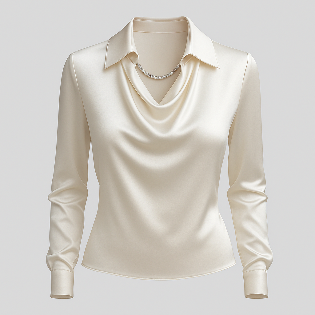 Elegante Damen Bluse mit Wasserfallausschnitt & langen Ärmeln, ideal für Business & Abendgarderobe.