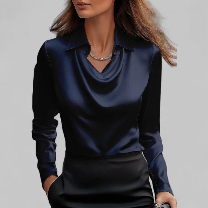Elegante Damen Bluse mit fließendem Wasserfallausschnitt und langen Ärmeln, für einen chicen Business-Stil.
