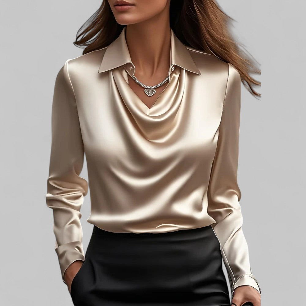 Damen Langarm Bluse mit stilvollem Wasserfallhals, perfekt für elegante Anlässe und den Büroalltag.