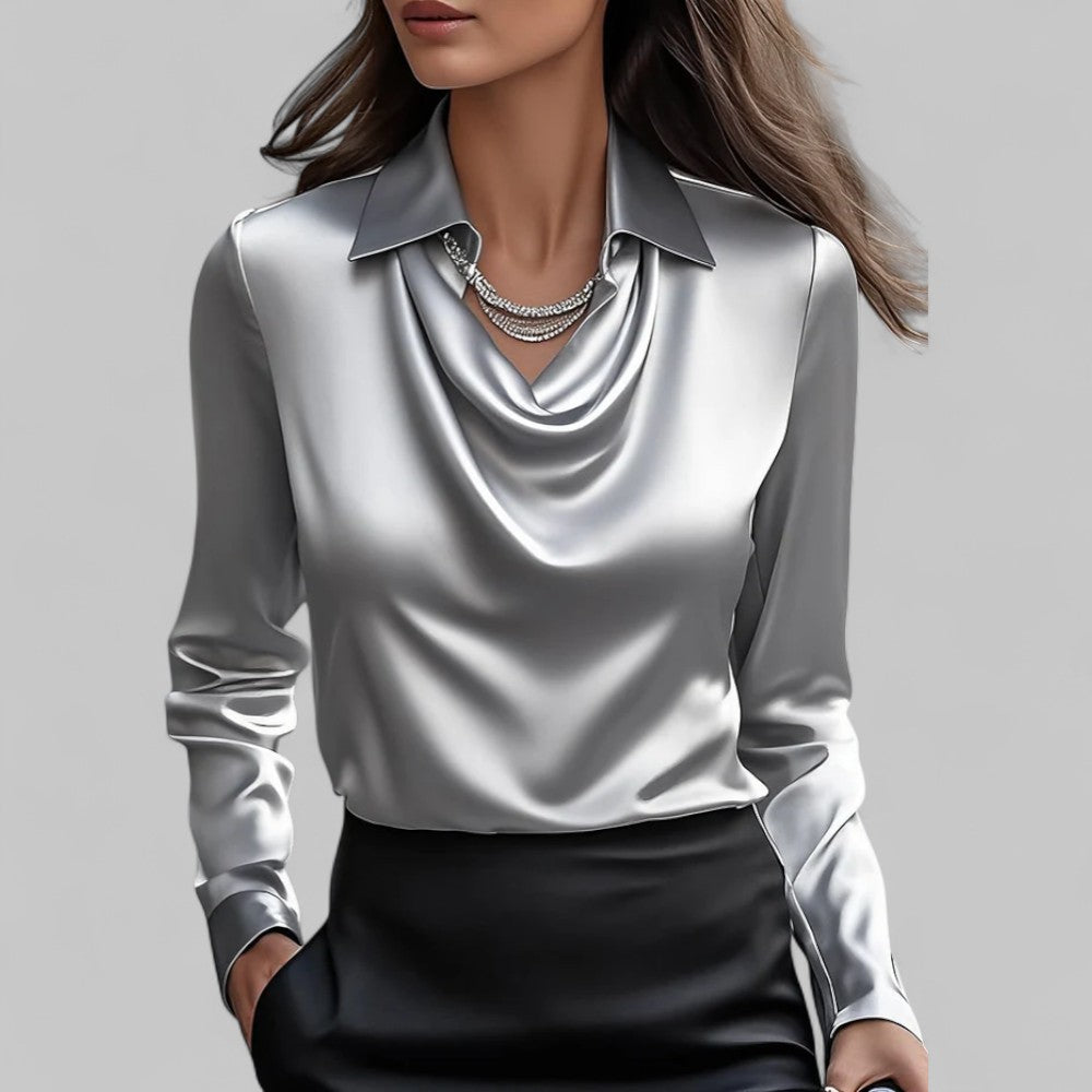Damen Oberteil: Langarm Bluse mit edlem Wasserfallausschnitt, ideal als festliches oder Business Hemd.