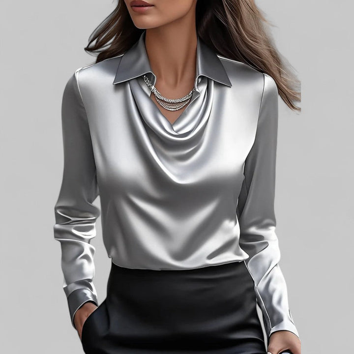 Damen Oberteil: Langarm Bluse mit edlem Wasserfallausschnitt, ideal als festliches oder Business Hemd.