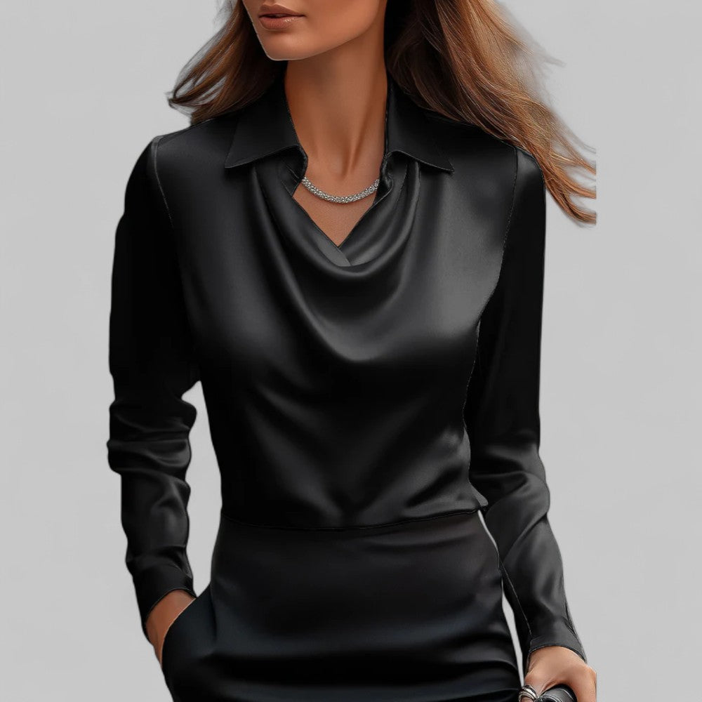 Damen Bluse mit schmeichelhaftem Wasserfallausschnitt & langen Ärmeln, ideal für modische Auftritte.