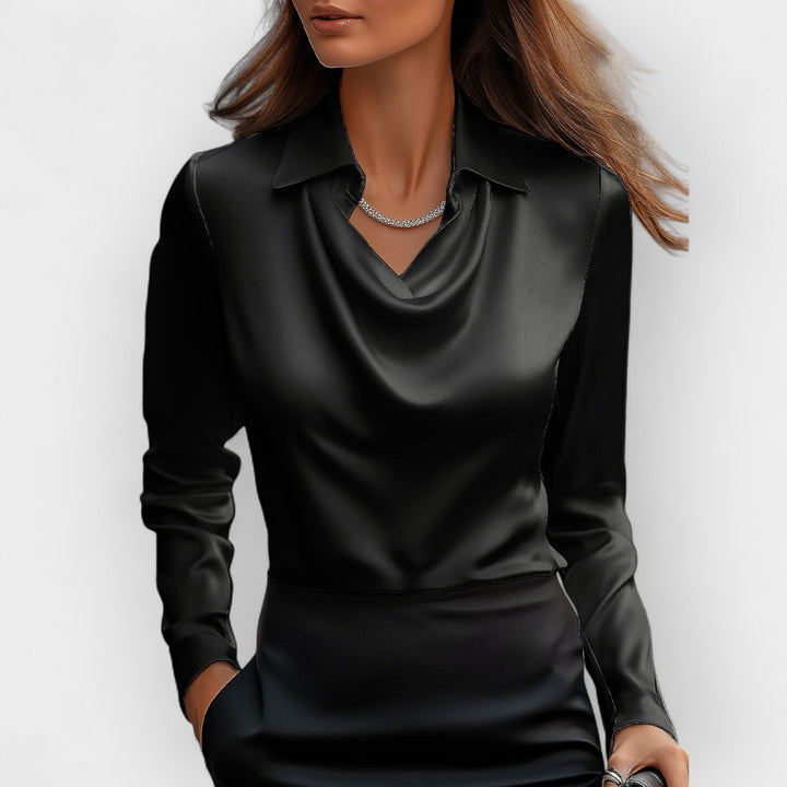 Hochwertige Damen Business Bluse mit edlem Wasserfallkragen; perfekt für den stilvollen Büro Look.