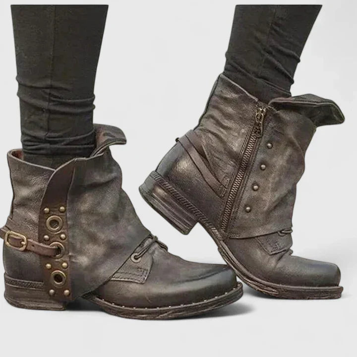 Elegante Damen Frühlings Vintage Stiefeletten mit dekorativer Schnalle für stilvolle Freizeit-Looks.