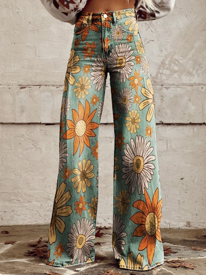 Elegante Damen Hose mit weitem Bein & Vintage Blumenmuster. Komfortabel für Frühling & Sommer Freizeit oder Büro.