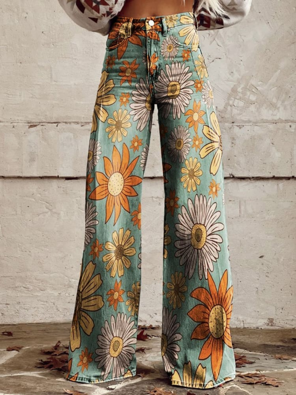 Lässige Damen Plus Size Hose mit weitem Bein & Blumenmuster. Vintage-Stil für Frühling, Sommer, Freizeit & Büro.