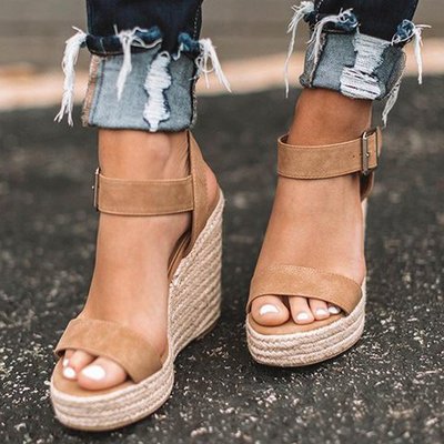 Moderne Damen Keilabsatz Plateau Sandalen mit offener Spitze, ideal für Freizeit & elegante Frühlingsoutfits.