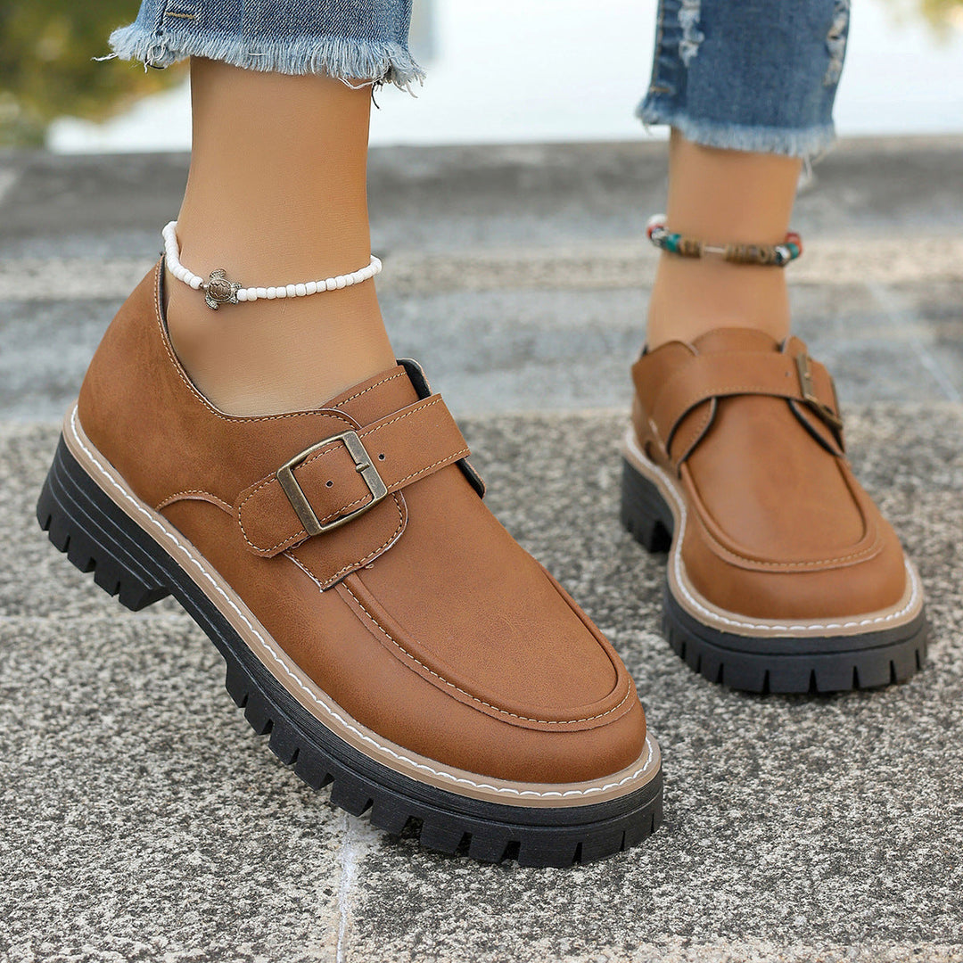 Elegante Damen Loafer mit Schnalle, dicker Sohle & runder Zehenpartie; bequeme Business Casual Schlupfschuhe.